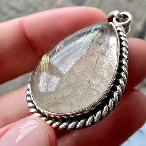 Rutilated Quartz Teardrop Pendant, Sterling Silver